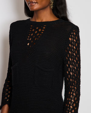Chanel 15/P Black Crochet Midi Long-sleeve Openwork Dress with CC logo Pearl Buttons Size UK 8/10