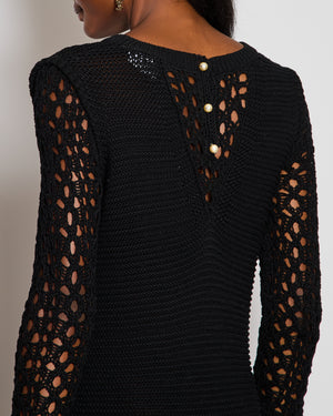 Chanel 15/P Black Crochet Midi Long-sleeve Openwork Dress with CC logo Pearl Buttons Size UK 8/10