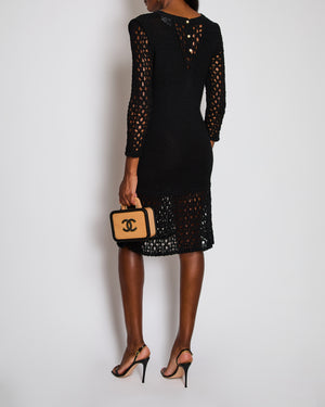 Chanel 15/P Black Crochet Midi Long-sleeve Openwork Dress with CC logo Pearl Buttons Size UK 8/10