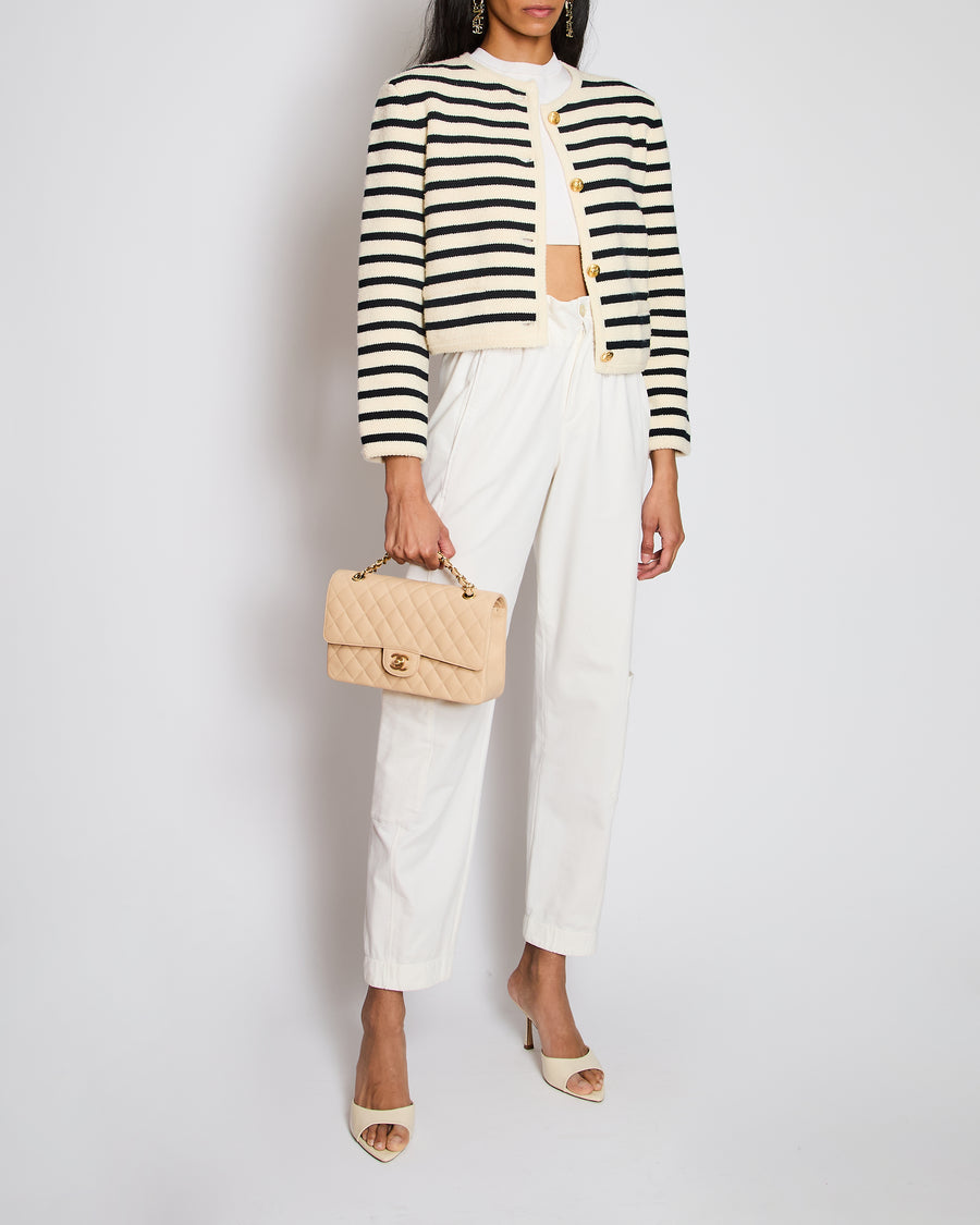 Celine Cream and Navy Striped Knitted Cardigan with Gold Button Detail FR 38 (UK 10)