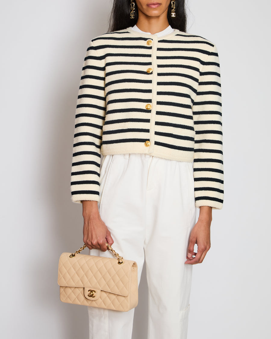 Celine Cream and Navy Striped Knitted Cardigan with Gold Button Detail FR 38 (UK 10)