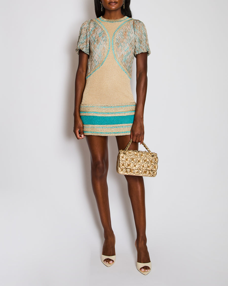 Missoni Gold & Turquoise Woven Short Dress with Patterns Detail Size IT 38 (UK 6)
