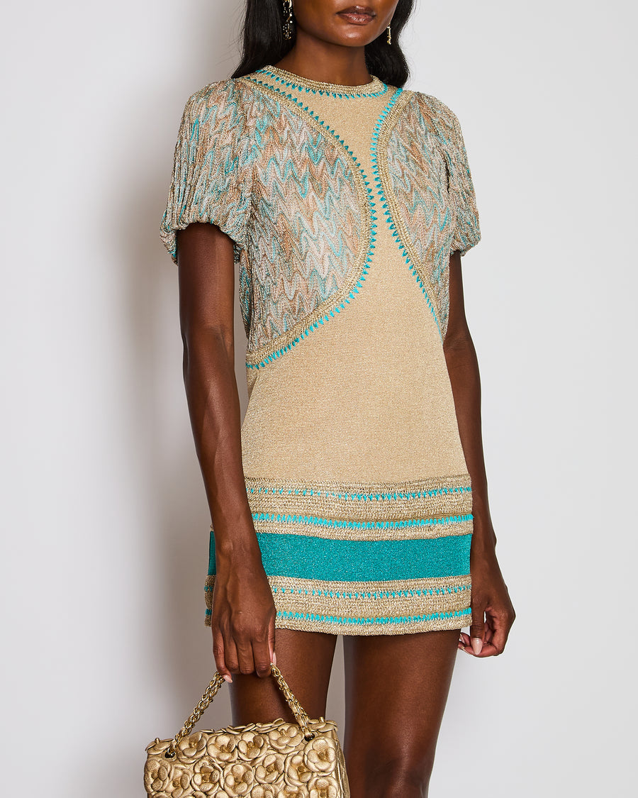 Missoni Gold & Turquoise Woven Short Dress with Patterns Detail Size IT 38 (UK 6)
