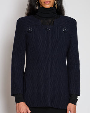 Chanel 15/A Navy Collarless Jacket With CC Button Details Size FR 38 (UK 10)