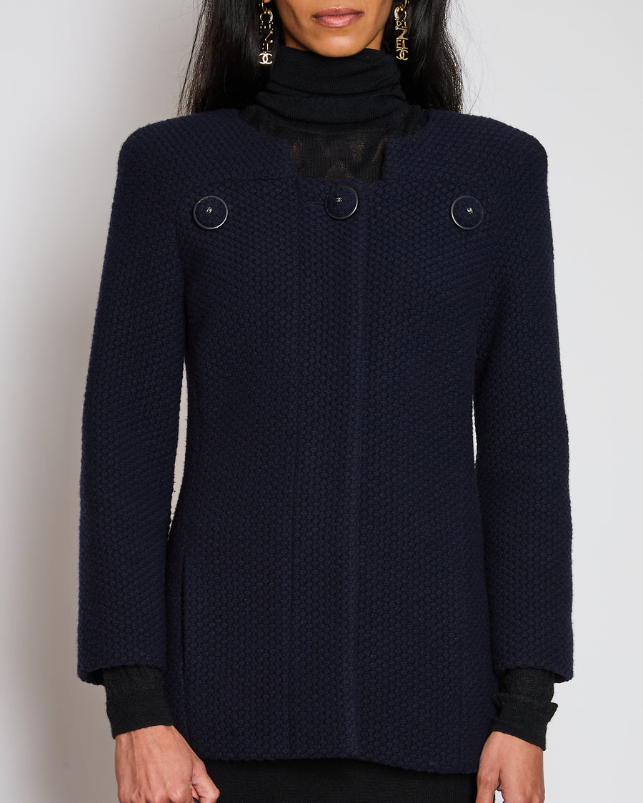 Chanel 15/A Navy Collarless Jacket With CC Button Details Size FR 38 (UK 10)