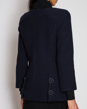 Chanel 15/A Navy Collarless Jacket With CC Button Details Size FR 38 (UK 10)