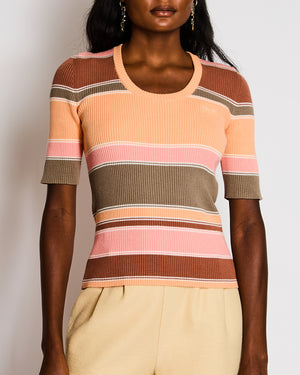 Chloé Pink, Orange and Brown Ribbed Knit Short-Sleeved Top with Embroidered Logo Detail Size FR 36 (UK 8) RRP £620