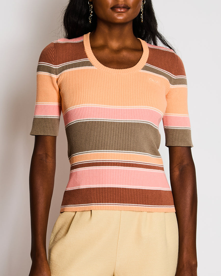 Chloé Pink, Orange and Brown Ribbed Knit Short-Sleeved Top with Embroidered Logo Detail Size FR 36 (UK 8) RRP £620