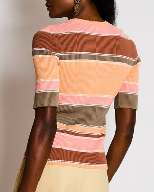 Chloé Pink, Orange and Brown Ribbed Knit Short-Sleeved Top with Embroidered Logo Detail Size FR 36 (UK 8) RRP £620