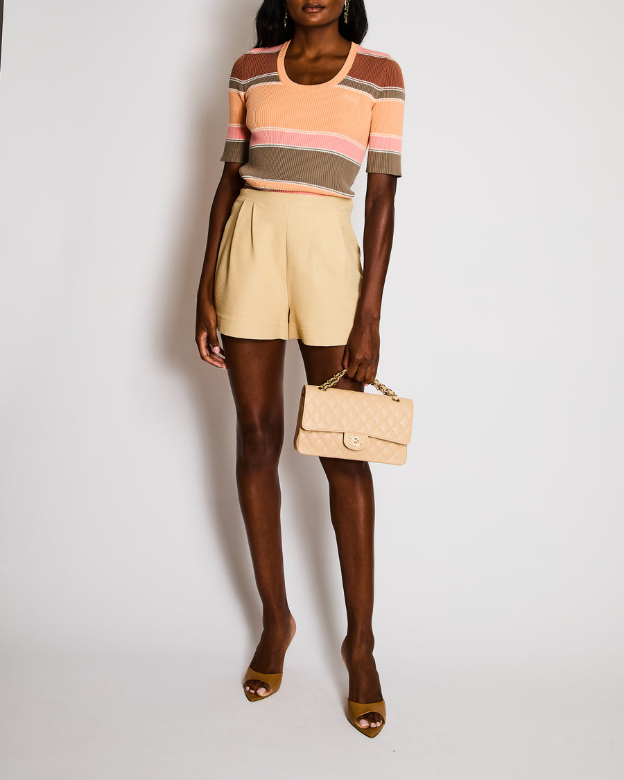 Chloé Pink, Orange and Brown Ribbed Knit Short-Sleeved Top with Embroidered Logo Detail Size FR 36 (UK 8) RRP £620