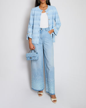 Chanel 26/C Blue Striped Long Sleeve Jacket with CC Logo Button Detail Size FR 36 (UK 8)