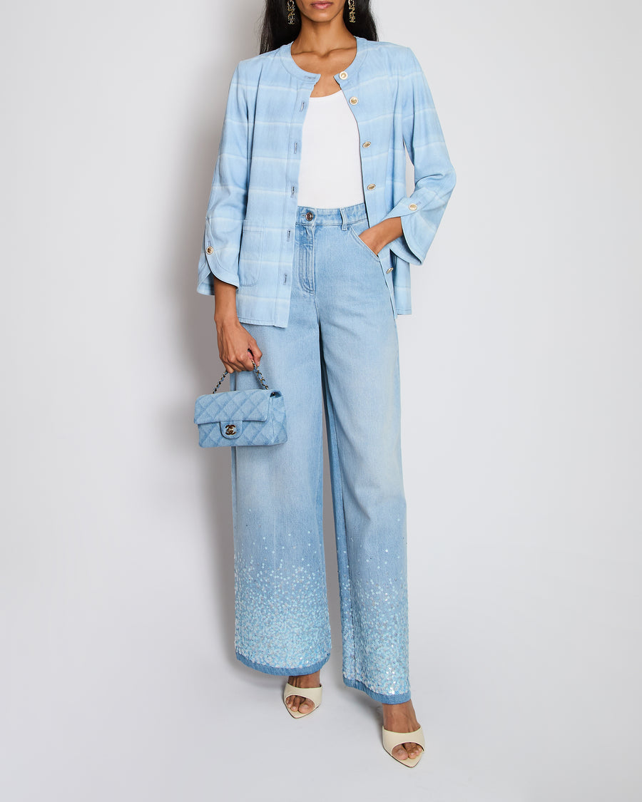 Chanel 26/C Blue Striped Long Sleeve Jacket with CC Logo Button Detail Size FR 36 (UK 8)
