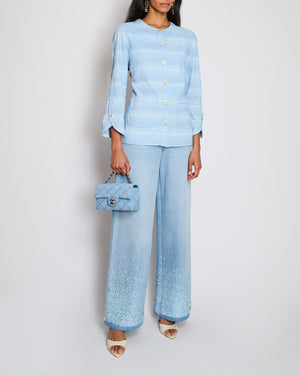 Chanel 26/C Blue Striped Long Sleeve Jacket with CC Logo Button Detail Size FR 36 (UK 8)