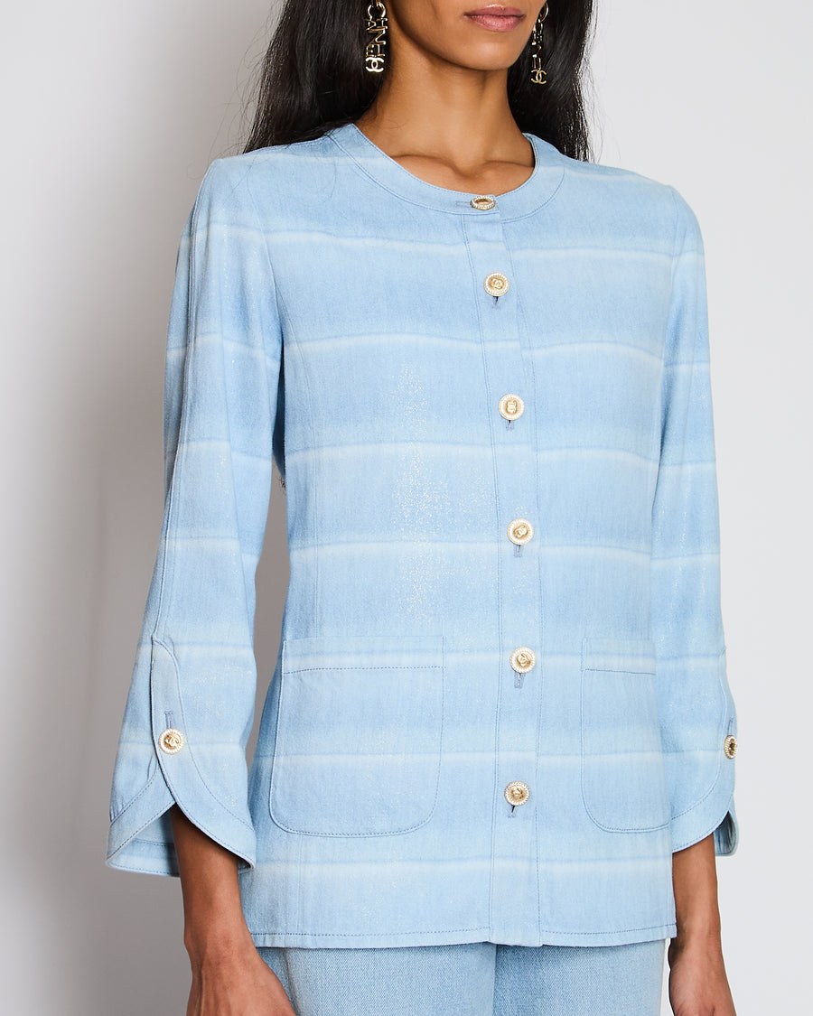 Chanel 26/C Blue Striped Long Sleeve Jacket with CC Logo Button Detail Size FR 36 (UK 8)