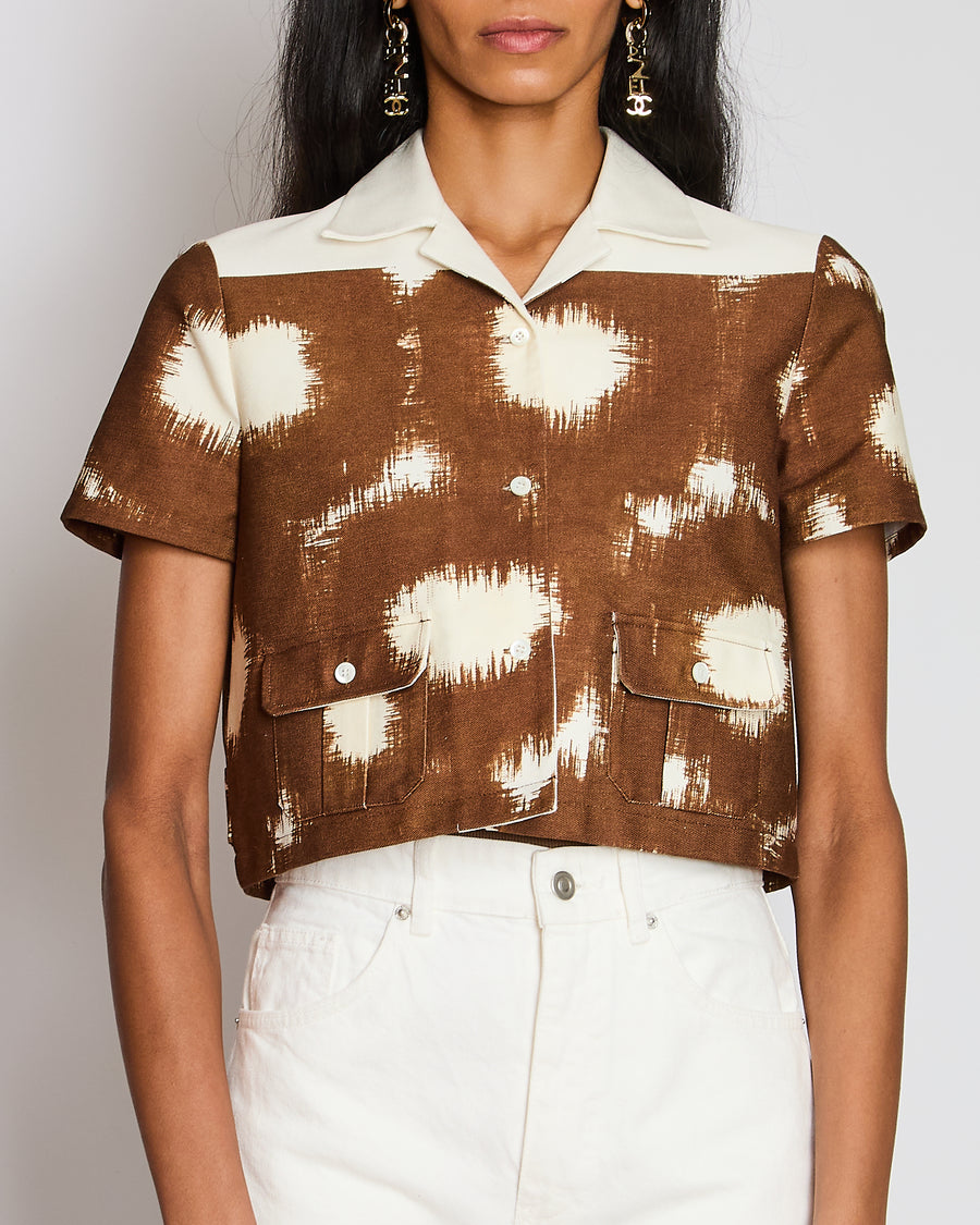 Prada Brown Cropped Tobacco Print Canvas Jacket with Logo Plaque Detail Size IT 40 (UK 8)