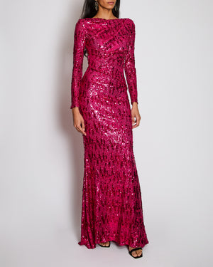 Talbot Runhof Pink Sequins Ruched Maxi Dress With Long Sleeves Size UK 8