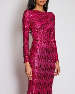 Talbot Runhof Pink Sequins Ruched Maxi Dress With Long Sleeves Size UK 8