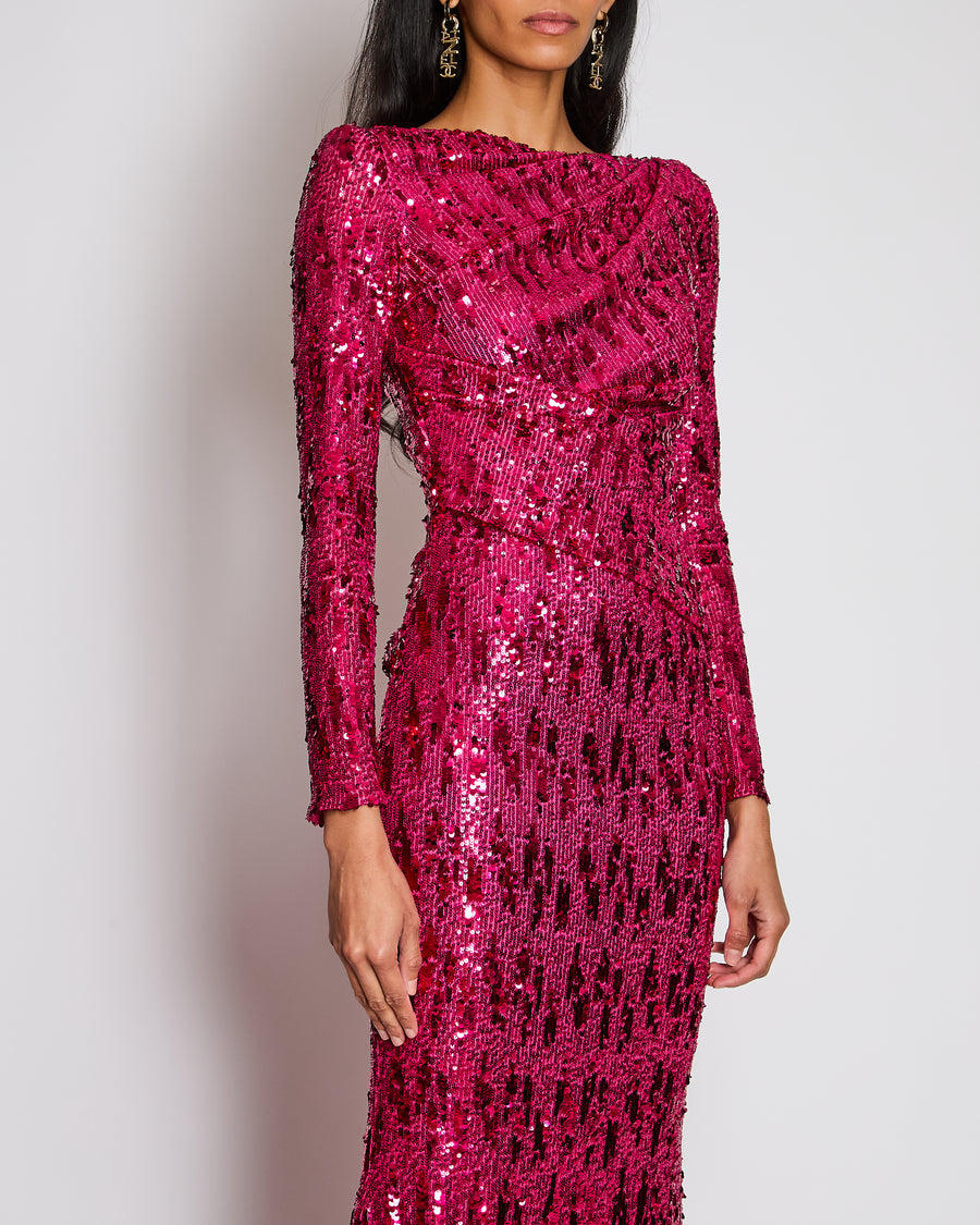 Talbot Runhof Pink Sequins Ruched Maxi Dress With Long Sleeves Size UK 8