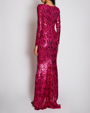 Talbot Runhof Pink Sequins Ruched Maxi Dress With Long Sleeves Size UK 8