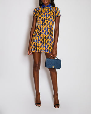 Hermès Blue Jersey Polo Dress with Bouclerie Modern Print Detail Size FR 36 (UK 8)