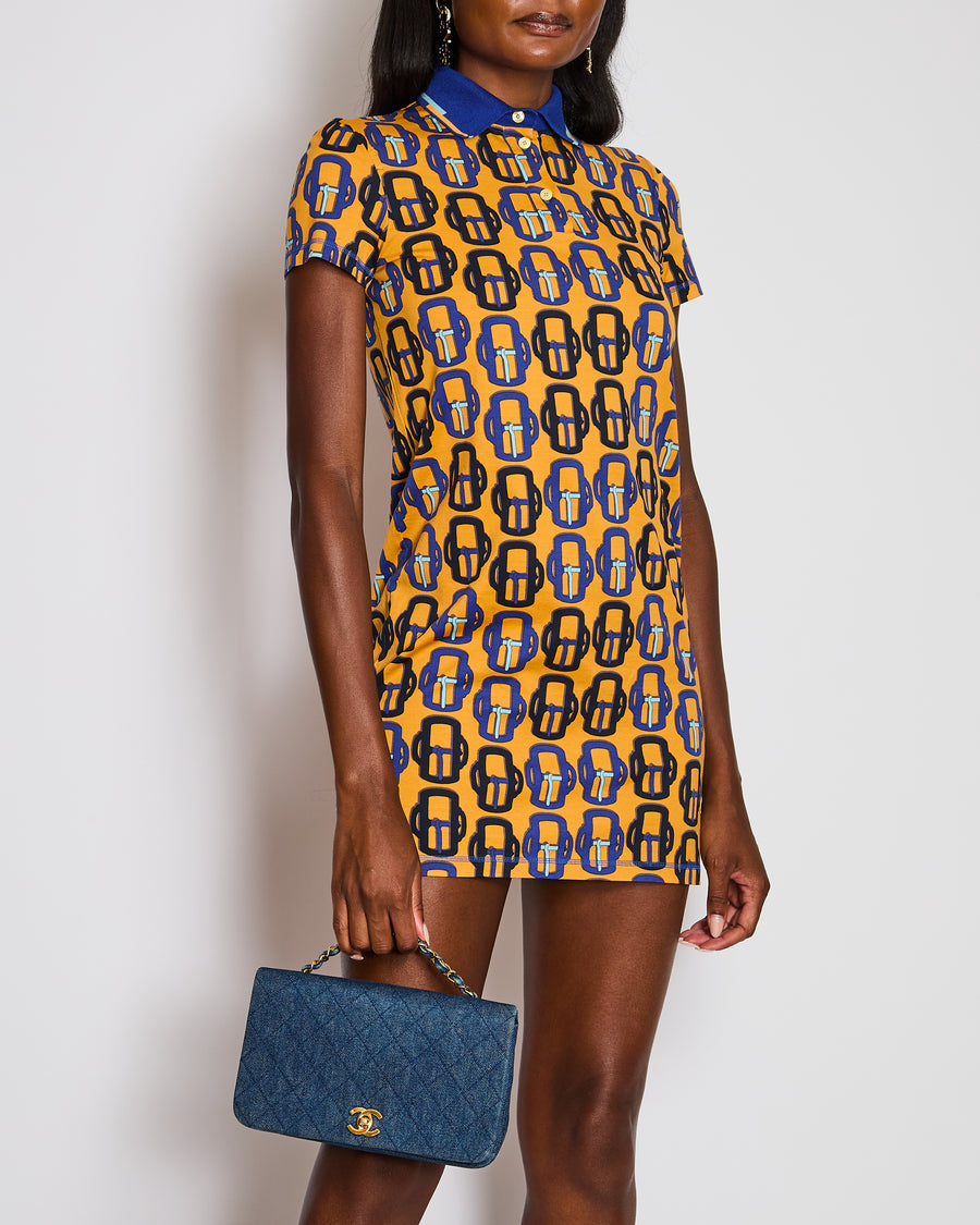 Hermès Blue Jersey Polo Dress with Bouclerie Modern Print Detail Size FR 36 (UK 8)