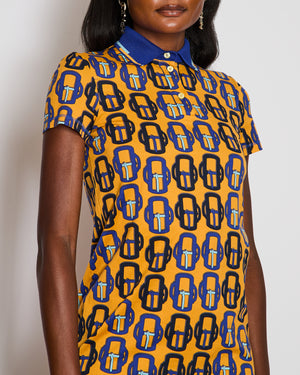 Hermès Blue Jersey Polo Dress with Bouclerie Modern Print Detail Size FR 36 (UK 8)