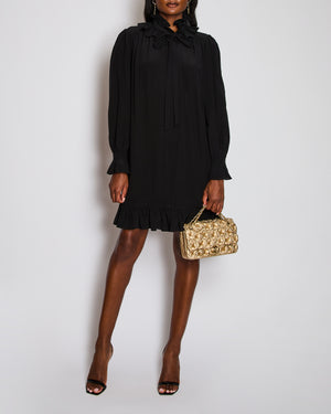 Chloé Black Long Sleeve Ruched Midi Dress with Neck Tie Detail Size FR 36 (UK 8)