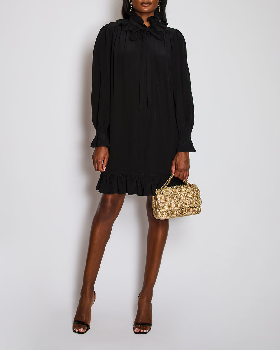 Chloé Black Long Sleeve Ruched Midi Dress with Neck Tie Detail Size FR 36 (UK 8)