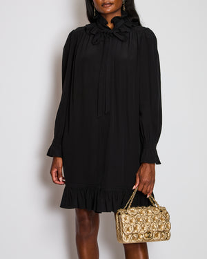 Chloé Black Long Sleeve Ruched Midi Dress with Neck Tie Detail Size FR 36 (UK 8)