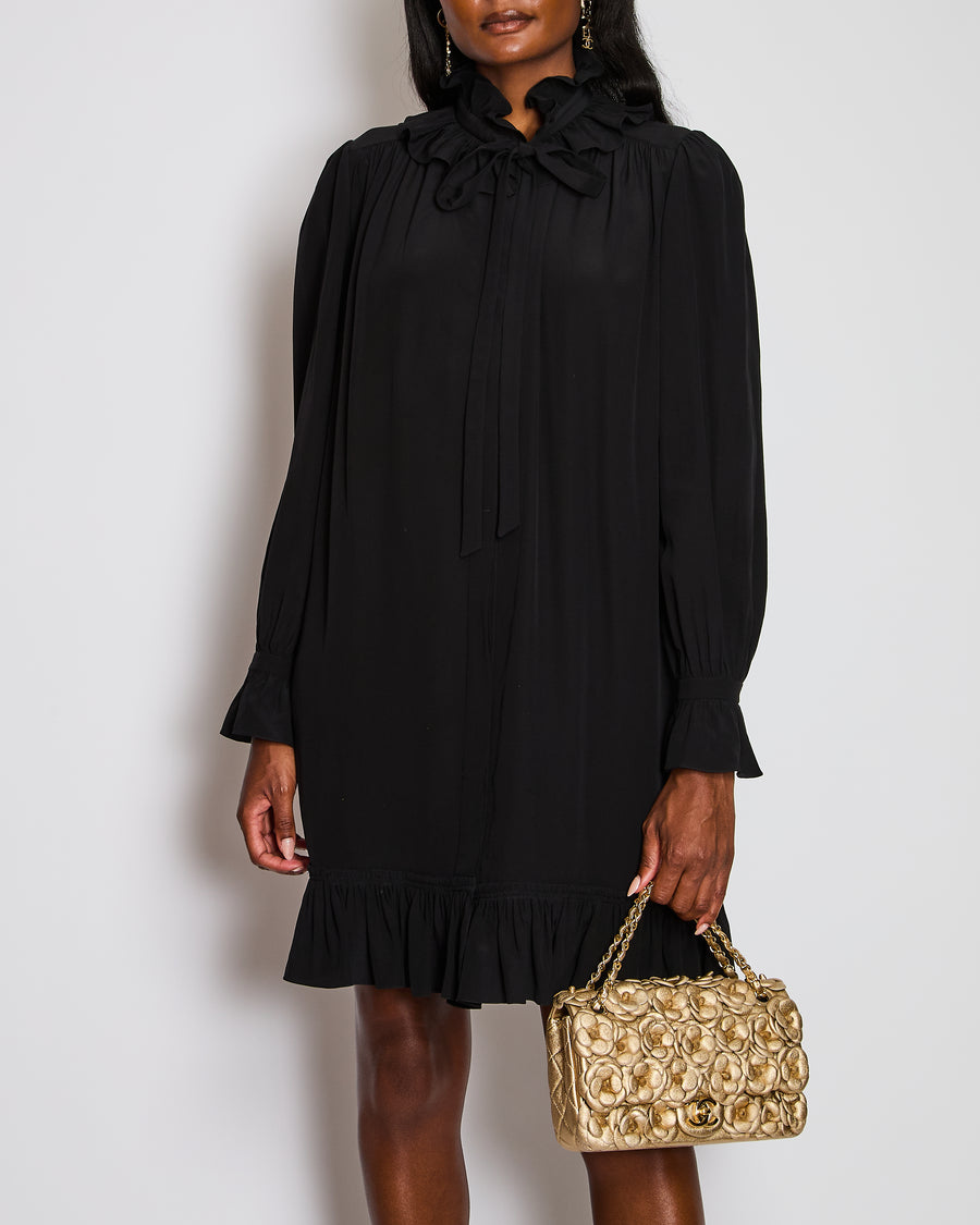 Chloé Black Long Sleeve Ruched Midi Dress with Neck Tie Detail Size FR 36 (UK 8)