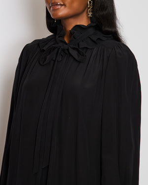 Chloé Black Long Sleeve Ruched Midi Dress with Neck Tie Detail Size FR 36 (UK 8)