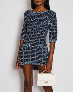 Chanel Navy Tweed Dress Short Sleeves Dress With Patch Pockets Details and CC Button Logo Size FR 36 (UK 8)