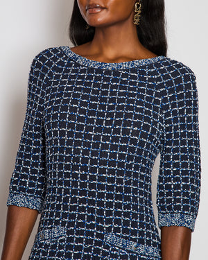 Chanel Navy Tweed Dress Short Sleeves Dress With Patch Pockets Details and CC Button Logo Size FR 36 (UK 8)