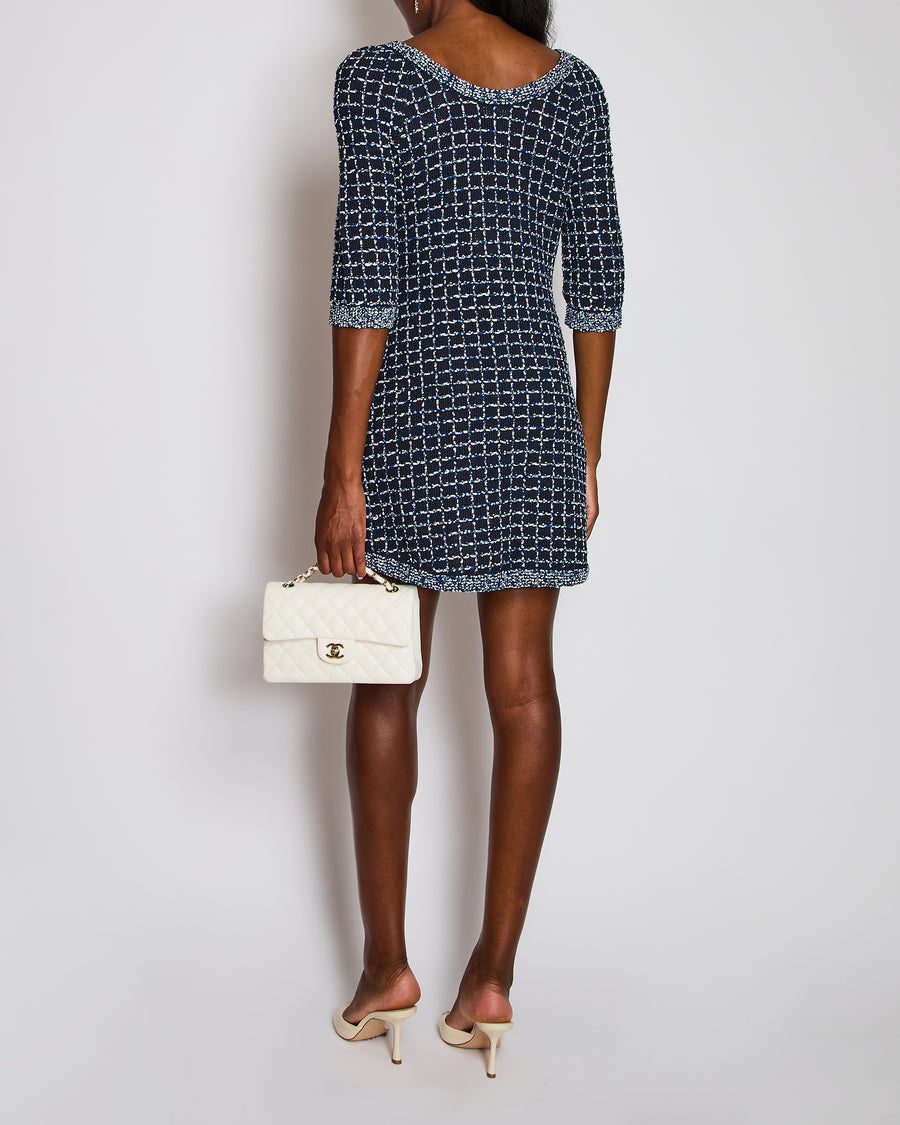 Chanel Navy Tweed Dress Short Sleeves Dress With Patch Pockets Details and CC Button Logo Size FR 36 (UK 8)