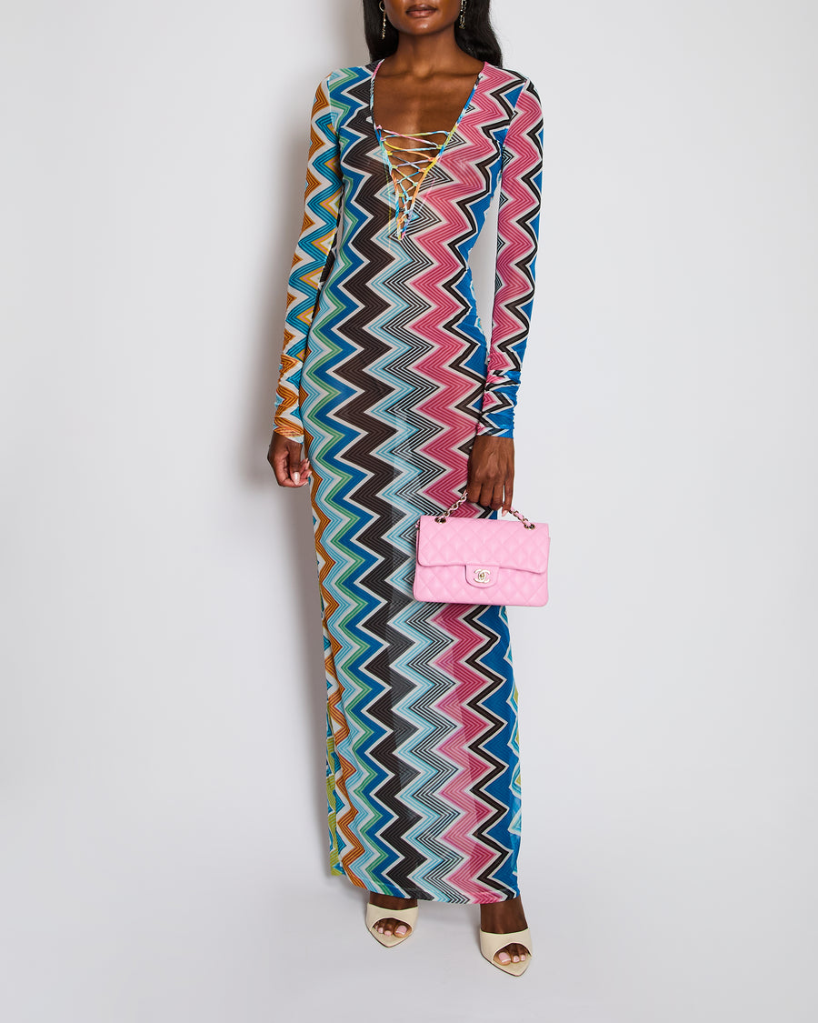 Missoni Blue Zig-Zag Print Long Sleeve Mesh Maxi Dress Size IT 40 (UK 8)