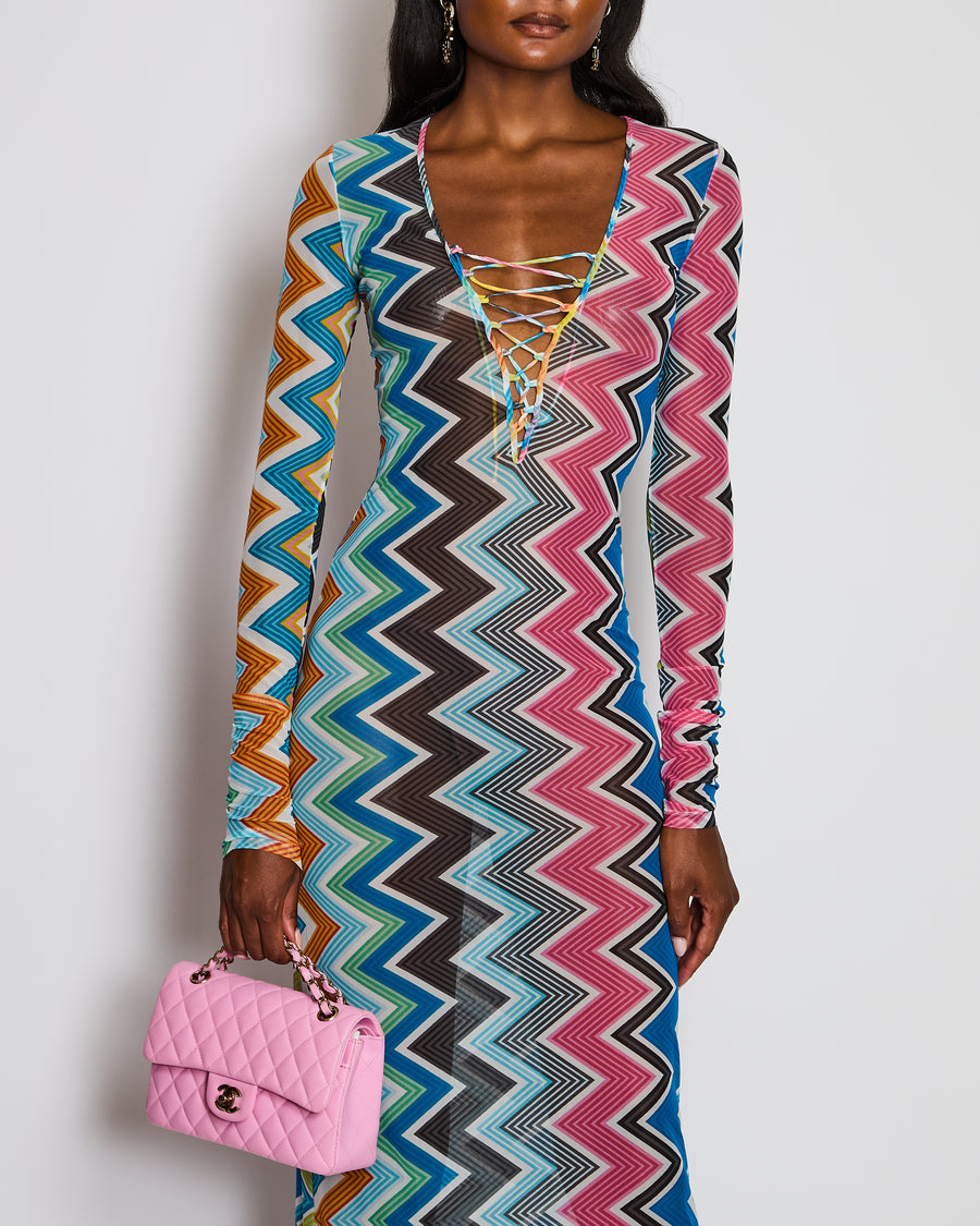 Missoni Blue Zig-Zag Print Long Sleeve Mesh Maxi Dress Size IT 40 (UK 8)