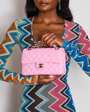 Chanel 23P Bubblegum Pink Classic Small Double Flap Bag in Caviar Leather with Gold Hardware