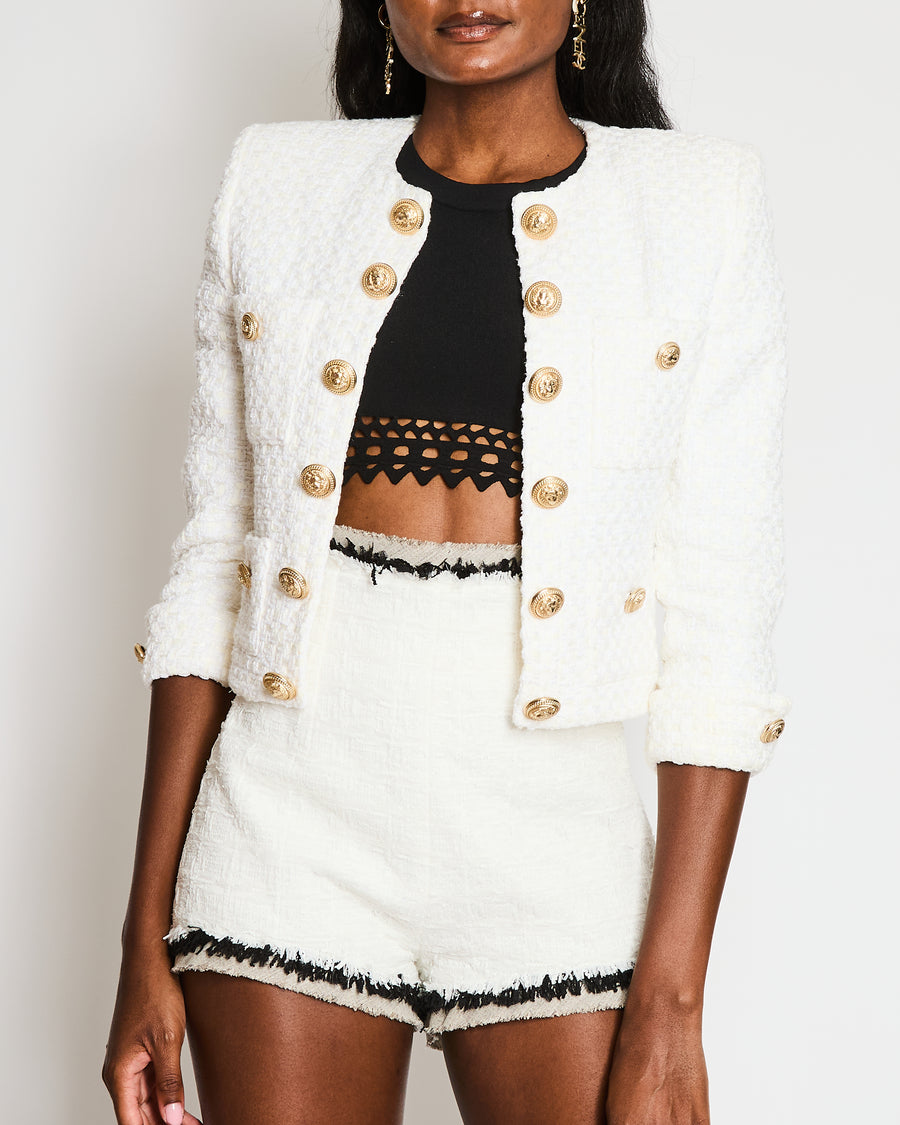 Balmain White Tweed Cropped Jacket with Gold Logo Buttons Size FR 36 (UK 8)
