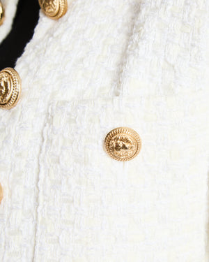 Balmain White Tweed Cropped Jacket with Gold Logo Buttons Size FR 36 (UK 8)