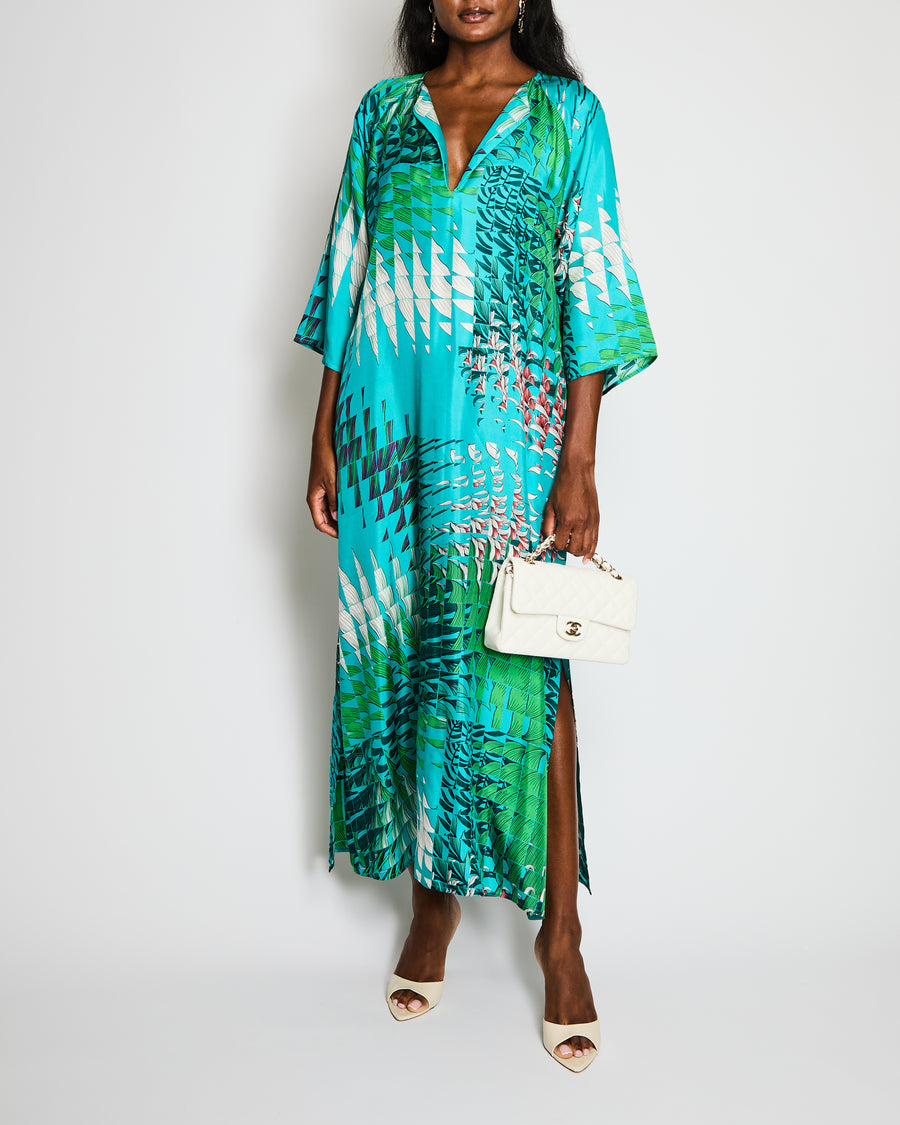 Kiton Blue and Green Silk Floral Kaftan Maxi Dress IT 44 (UK 12)