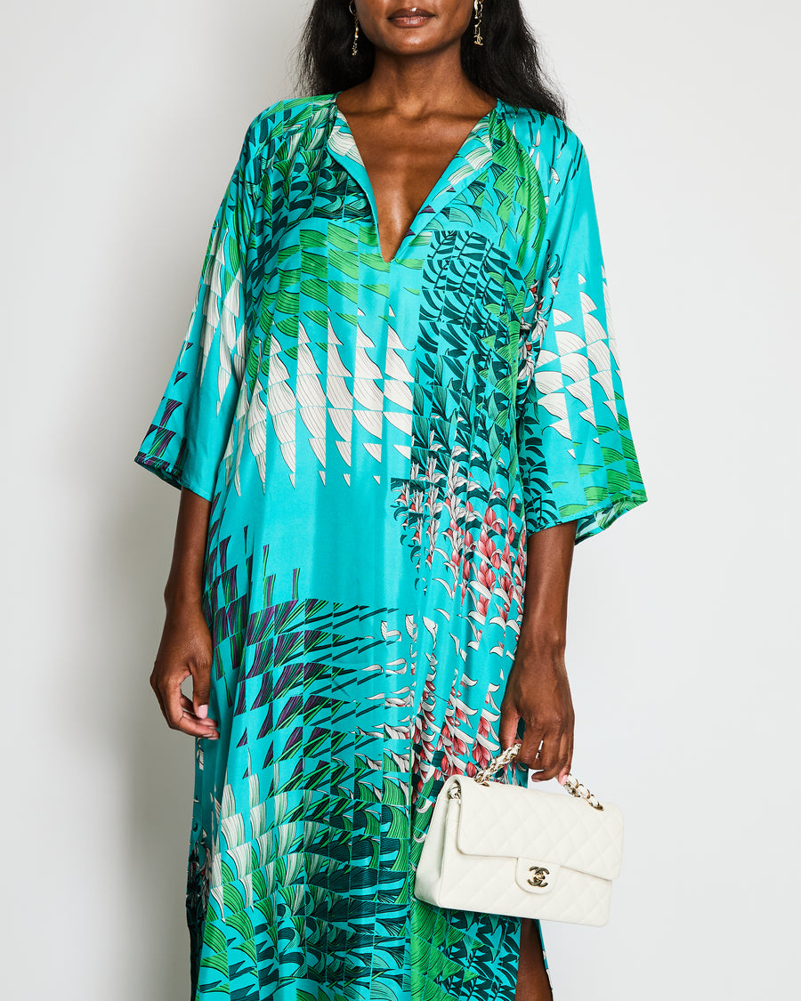 Kiton Blue and Green Silk Floral Kaftan Maxi Dress IT 44 (UK 12)