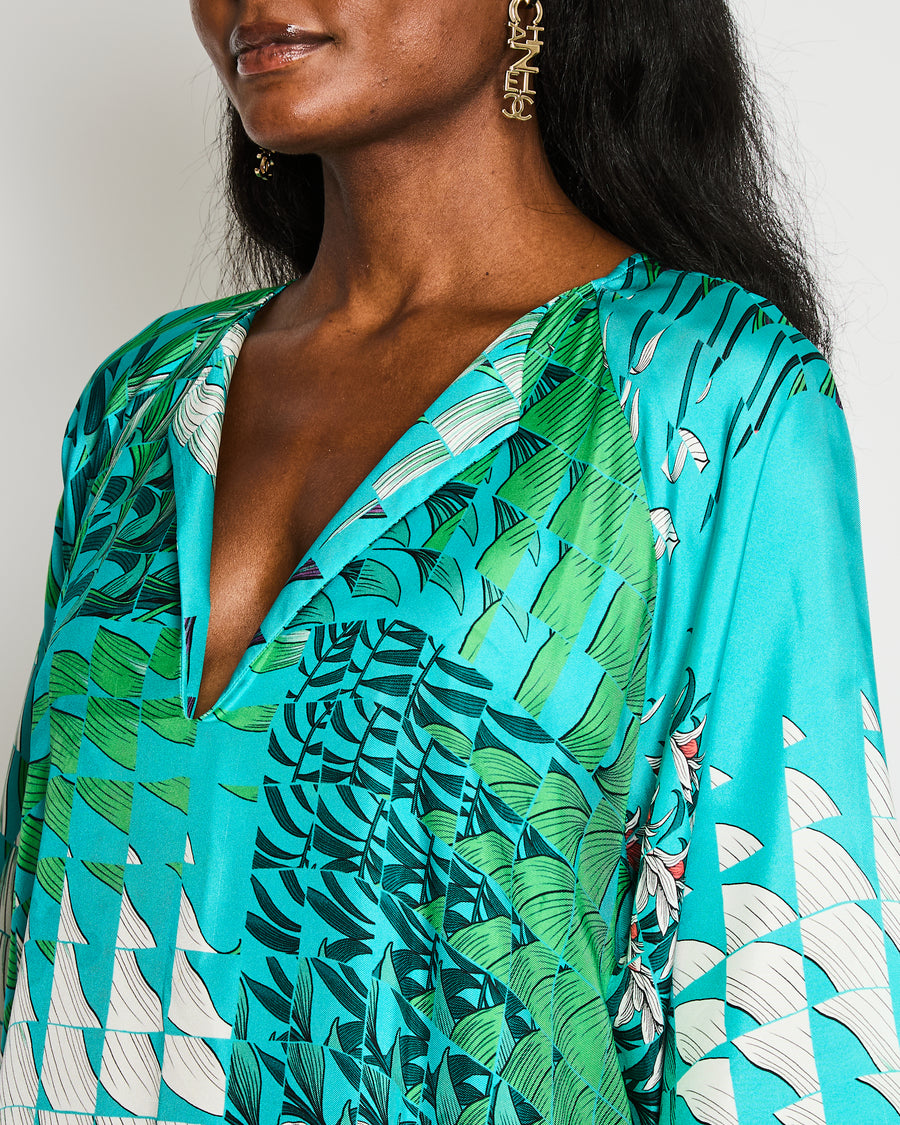 Kiton Blue and Green Silk Floral Kaftan Maxi Dress IT 44 (UK 12)