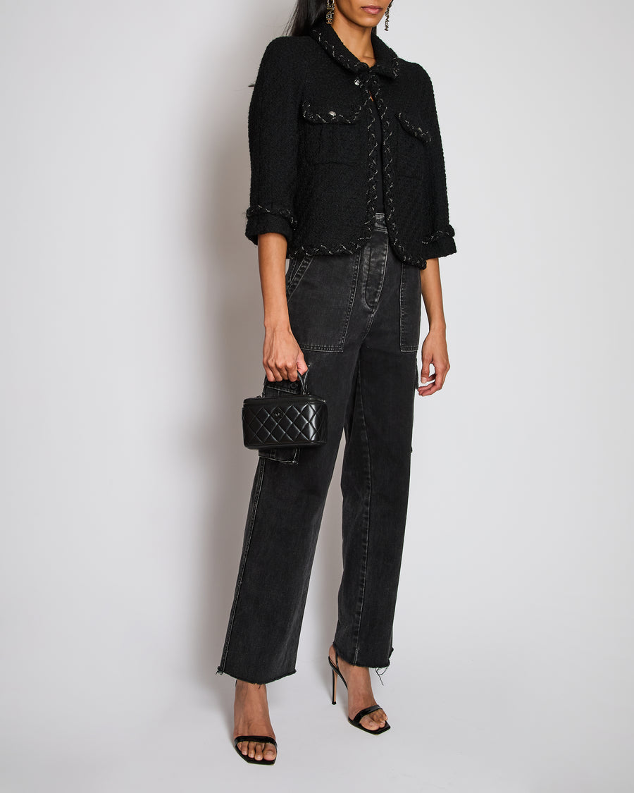 Chanel Fall 2007 Black Jacket with Chain and CC Logo Button Detail Size FR 42 (UK 14)
