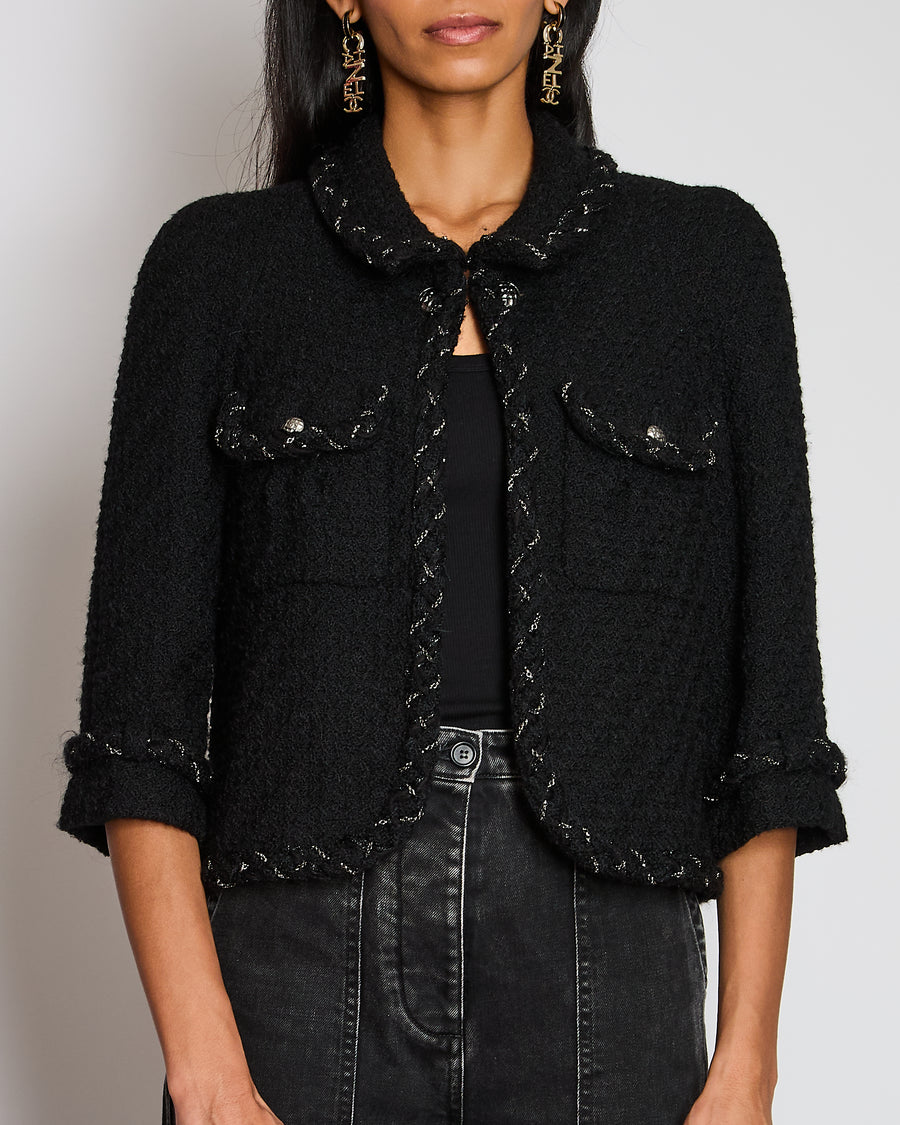 Chanel Fall 2007 Black Jacket with Chain and CC Logo Button Detail Size FR 42 (UK 14)