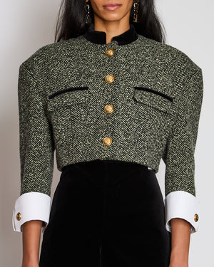Gucci Black and White Herringbone Tweed Cropped Jacket with Velvet Collar and Trim Size IT 38 (UK 6)