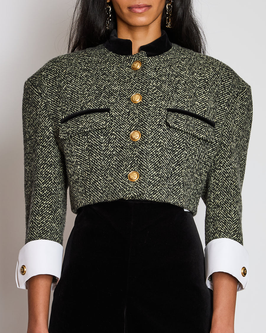 Gucci Black and White Herringbone Tweed Cropped Jacket with Velvet Collar and Trim Size IT 38 (UK 6)