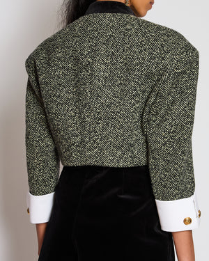 Gucci Black and White Herringbone Tweed Cropped Jacket with Velvet Collar and Trim Size IT 38 (UK 6)