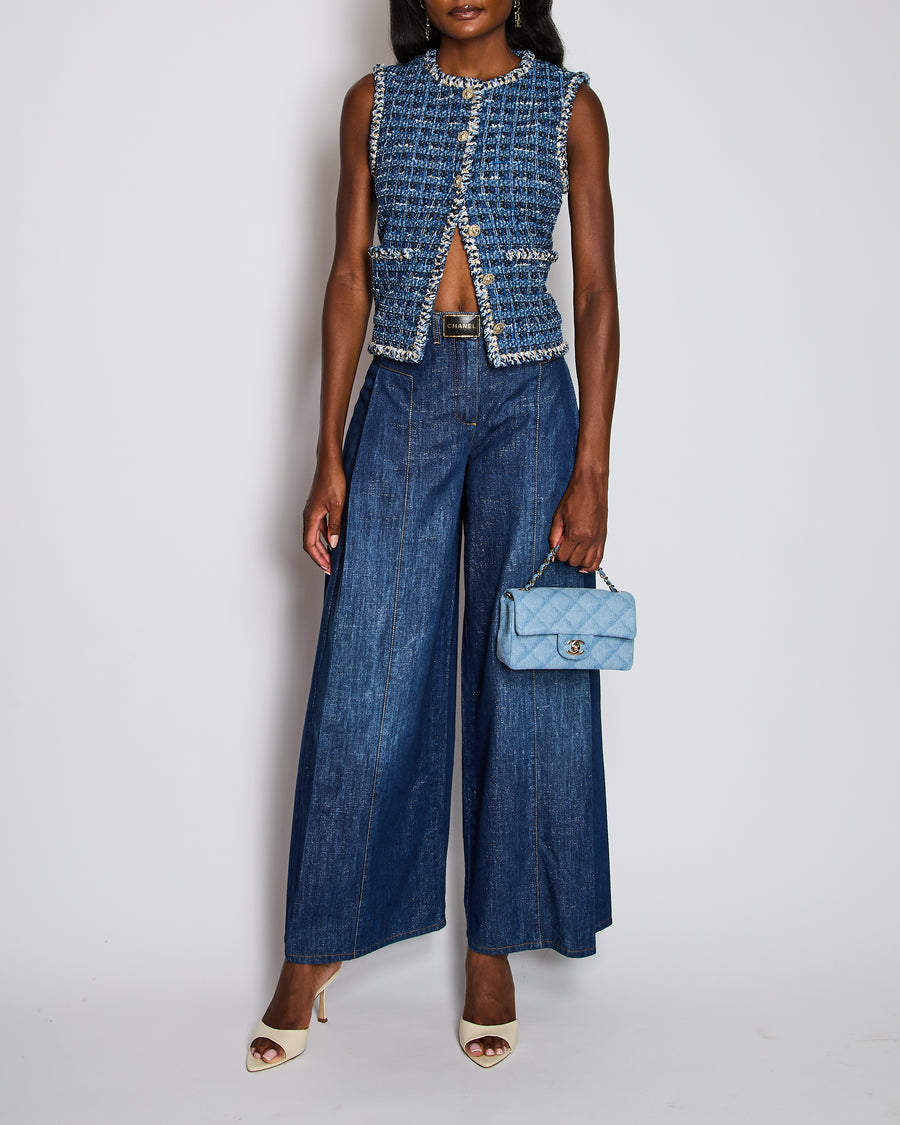 Chanel Navy Wide-Leg High Waist Denim Jeans with Logo Belt Detail Size FR 34 (UK 6)