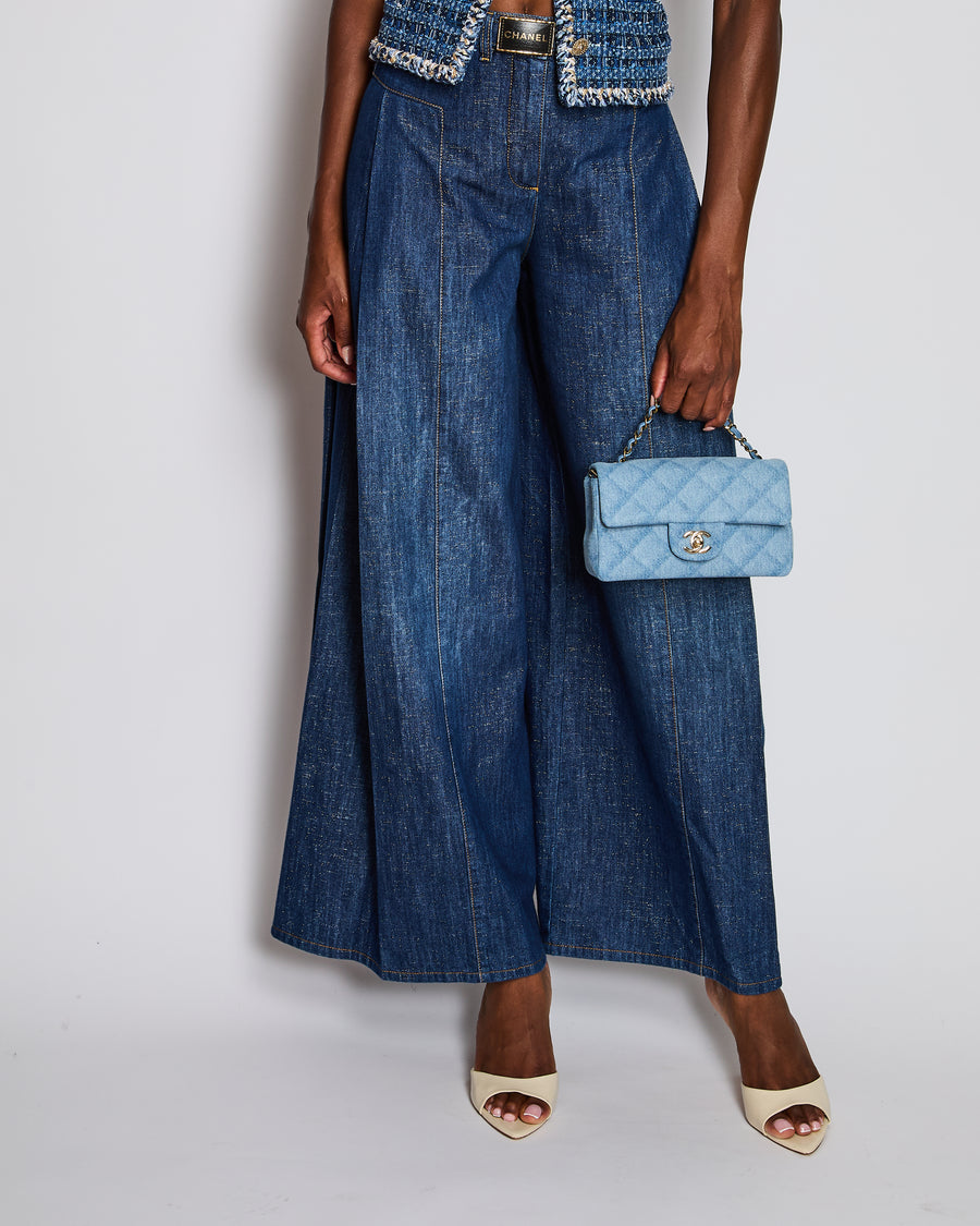 Chanel Navy Wide-Leg High Waist Denim Jeans with Logo Belt Detail Size FR 34 (UK 6)