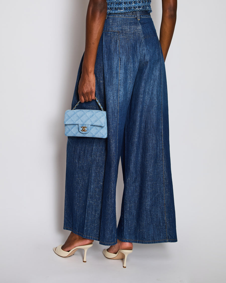 Chanel Navy Wide-Leg High Waist Denim Jeans with Logo Belt Detail Size FR 34 (UK 6)